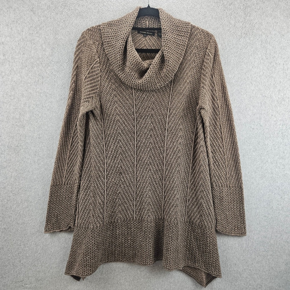 JEANNE PIERRE Sweater Women L Brown Cowl Neck Textured Knit Tunic Fall Classic